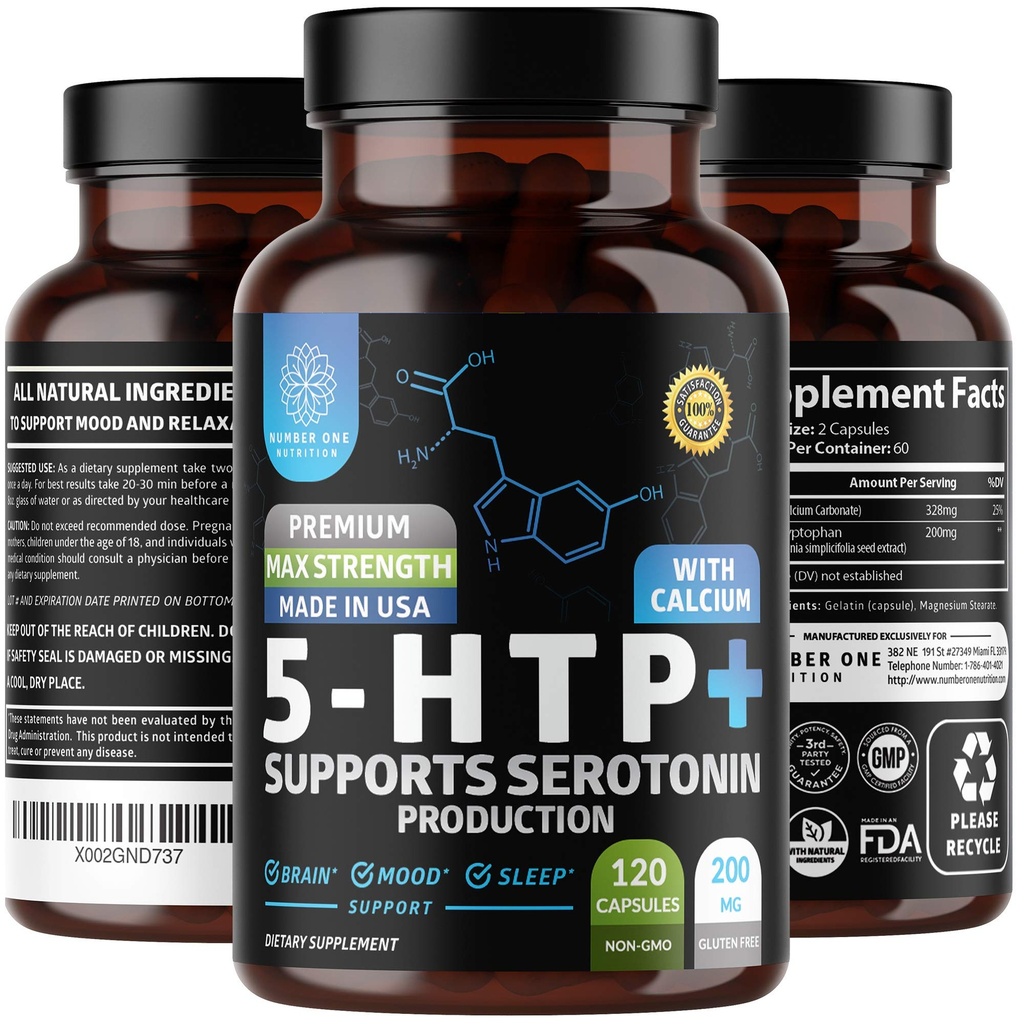 N1N Premium 5-HTP 200mg Plus Calciu, Produs din extract de semințe Griffonia, fără OMG și gluten, 120 Capace