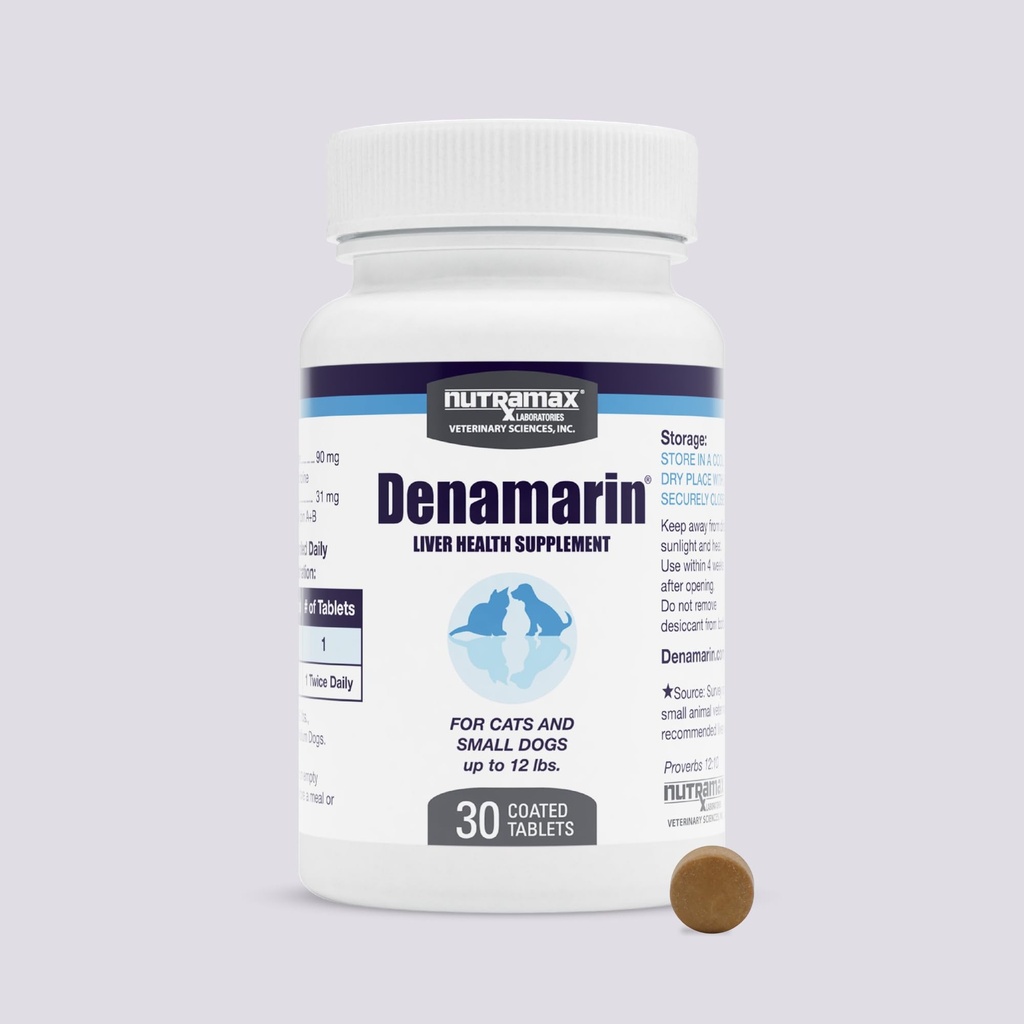 Nutramax Laboratories Denamarin Ficat de sănătate Supliment pentru câini mici și pisici - cu S-Adenosilmetionină (SAMe) și Silybin, 30 comprimate