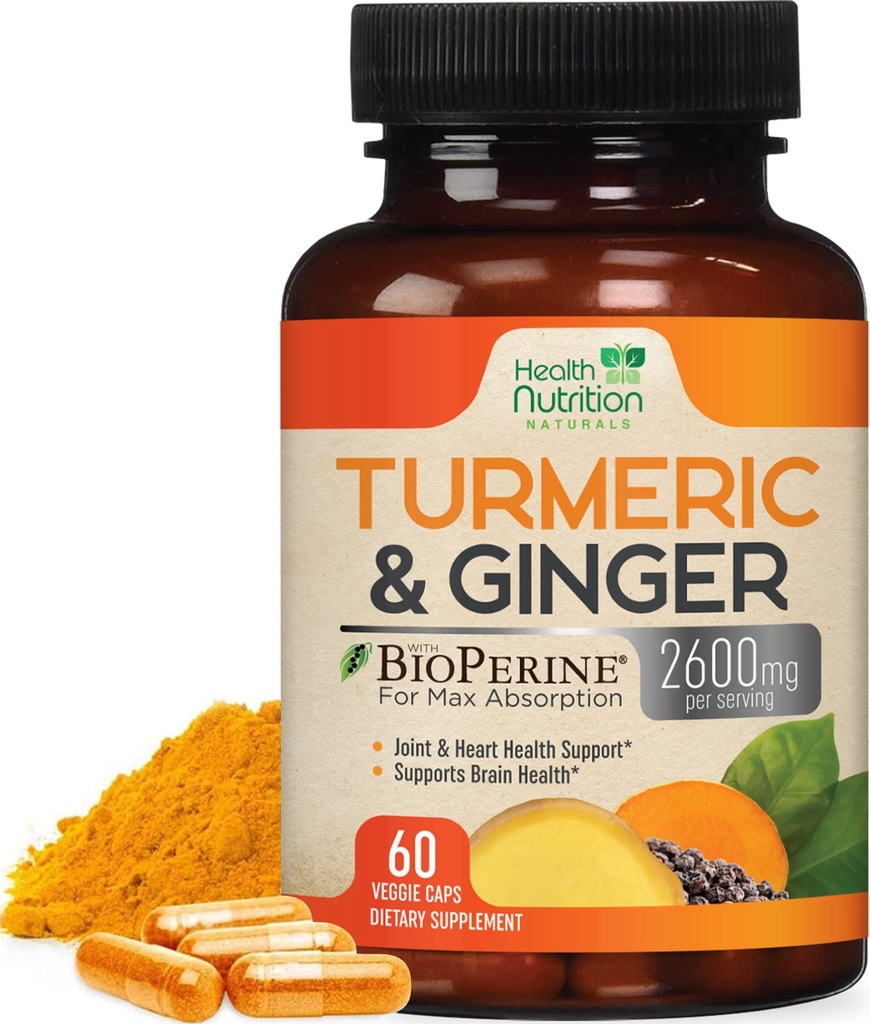 Curcumina turmerica Supliment 2600 mg - cu ghimbir organic & Turmeric, 95% Curcuminoide, BioPerine Black Pepper pentru cea mai buna absorbtie, Nature's Vegan Joint Support, Non-GMO, îmbuteliat în SUA - 60 capsule