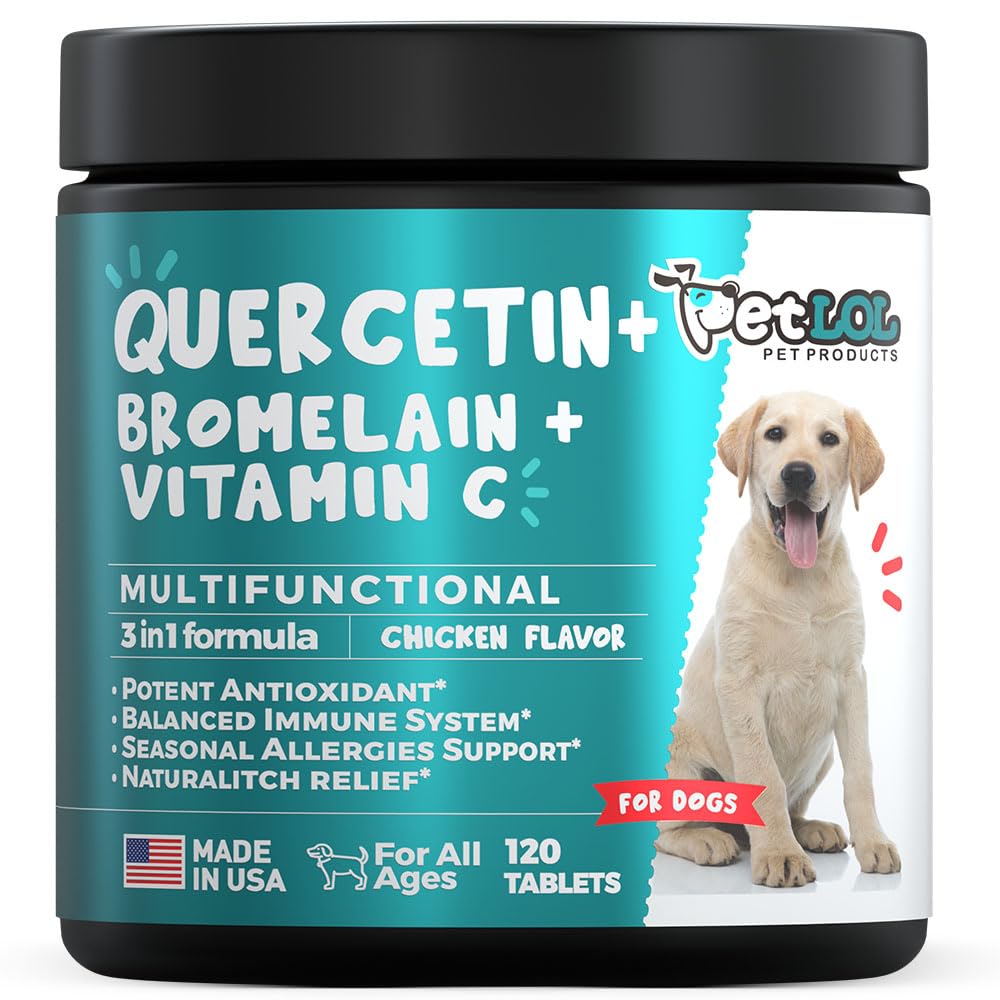 Quercetin pentru câini cu Bromelain & Vitamina C - Alergie & Itch Relief, Suport imun și inflamator - 120 comprimate masticabile fabricate în SUA