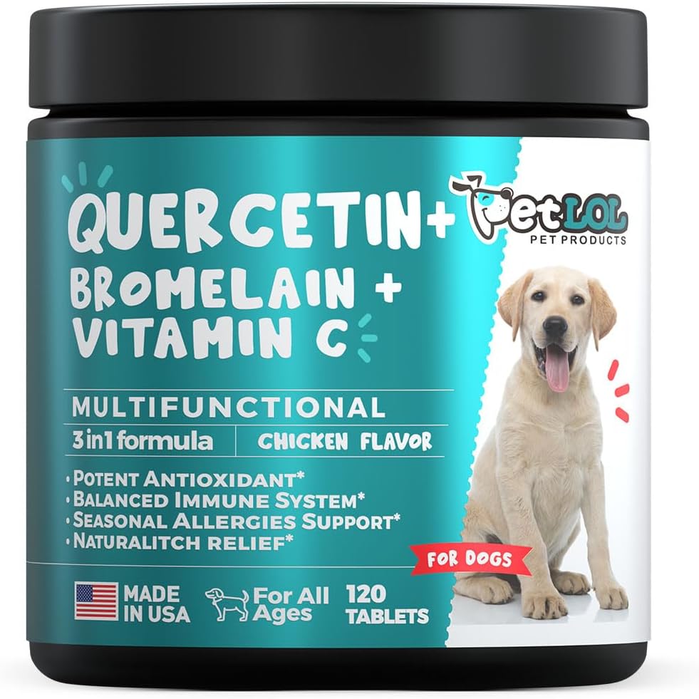 Quercetin pentru câini cu Bromelain & Vitamina C - Alergie & Itch Relief, Suport imun și inflamator - 120 comprimate masticabile fabricate în SUA