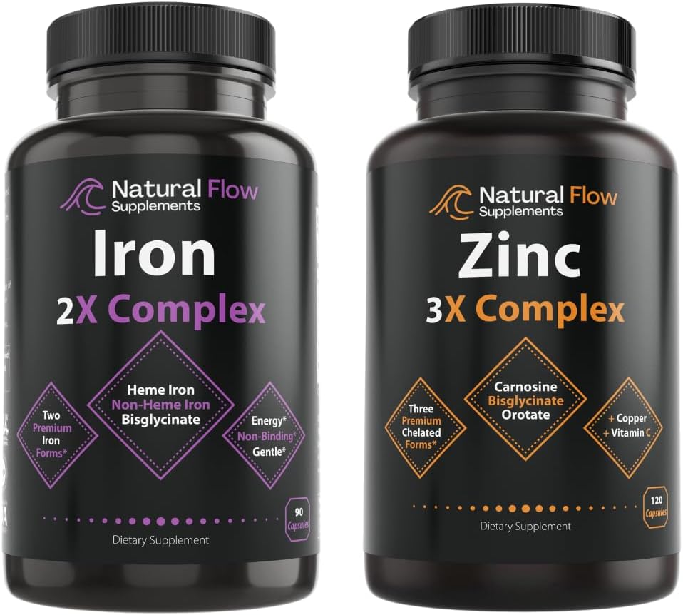 Complex suplimentar de zinc cu cupru și vitamina C - flux natural 3X zinc Carnosine și supliment de fier 2-in-1 Complex complet - flux natural 2X Heme și biglicinat de fier nehemat