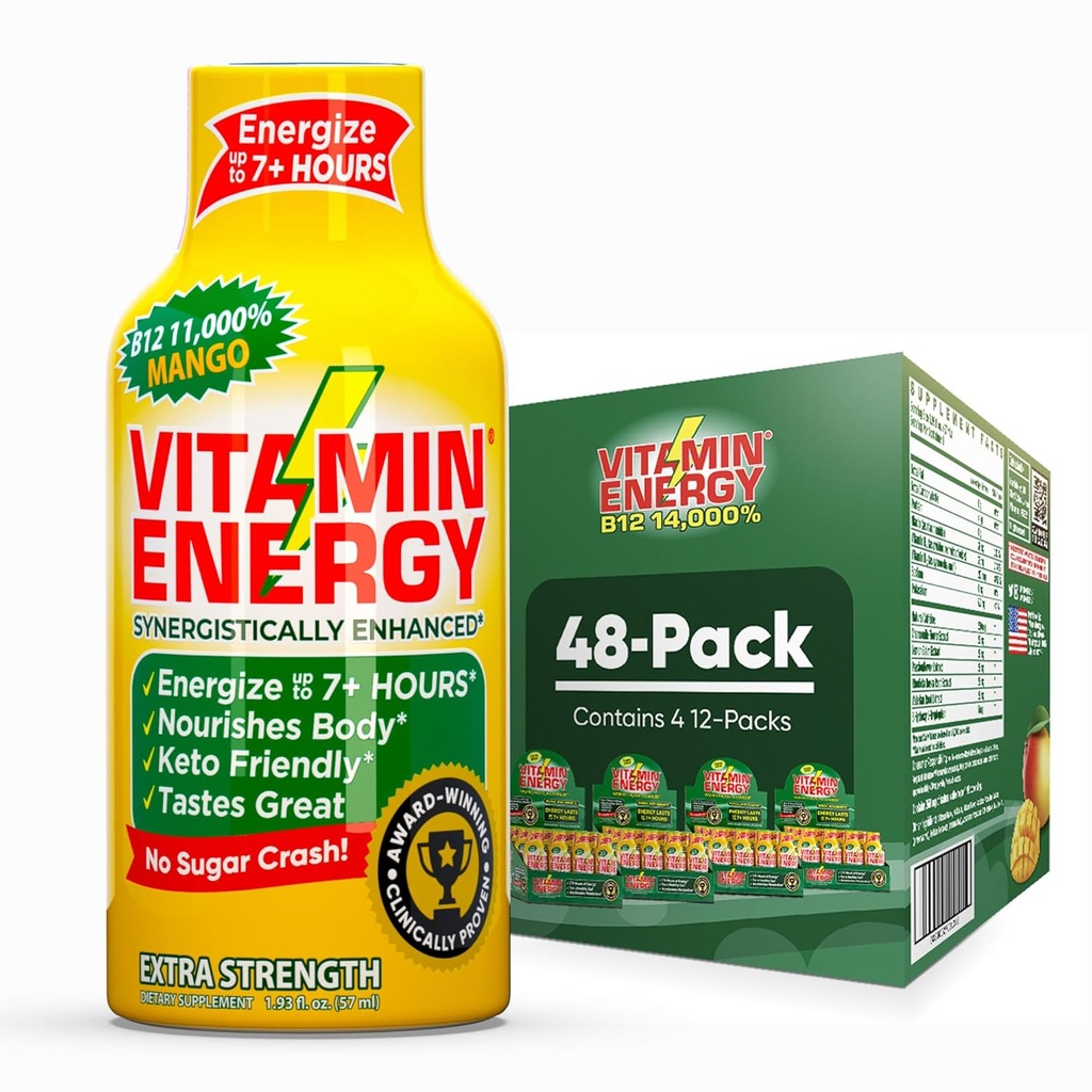 Vitamina Energie B12 11,000% Extra Putere Energie Shot Mango 48 Pack, 260mg Natural Cafeina, B12 & B6, Nootrop Focus, Vitality, Zero Zahăr, Gluten-Free, Vegan, Kosher, 1.93 fl oz