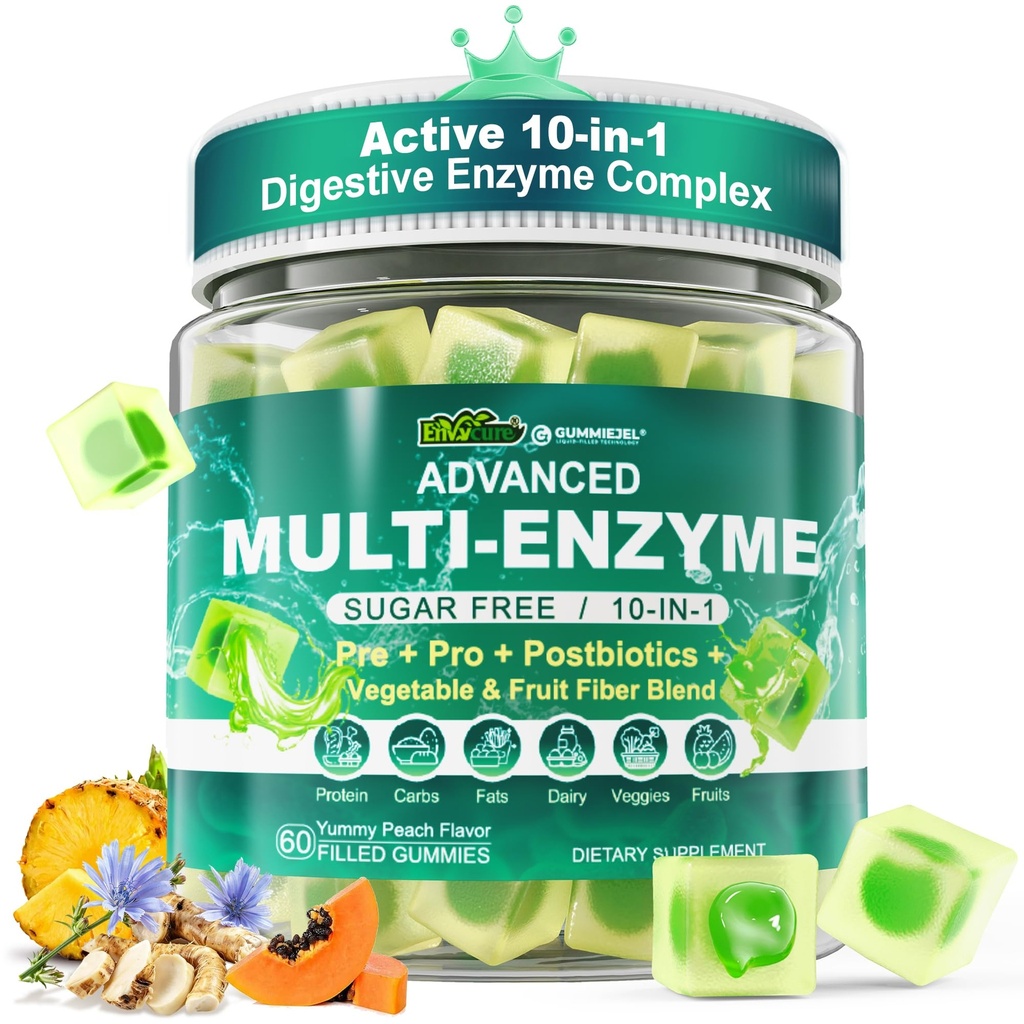 Enzime digestive Gume pentru femei și bărbați, Multi-Enzime cu 90Billion CFU Probiotice și prebiotice și postbiotice, legume și fructe Fibra Blend, Super Enzime pentru Digestive & Gut Health, Immune,60Cts