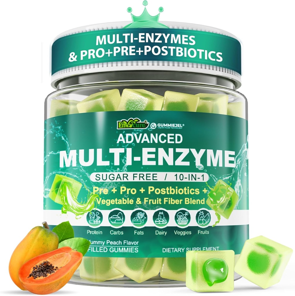 Enzime digestive Gume pentru femei și bărbați, Multi-Enzime cu 90Billion CFU Probiotice și prebiotice și postbiotice, legume și fructe Fibra Blend, Super Enzime pentru Digestive & Gut Health, Immune,60Cts