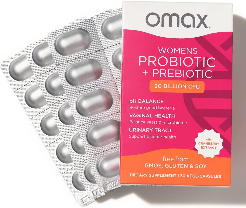 Omax Health Prebiotics and Probiotics Complex for Women, pH Balance, Vag Health, Urine Tract, Yeast & BV Prevention, Lactobacillus & Bifidobacterium 