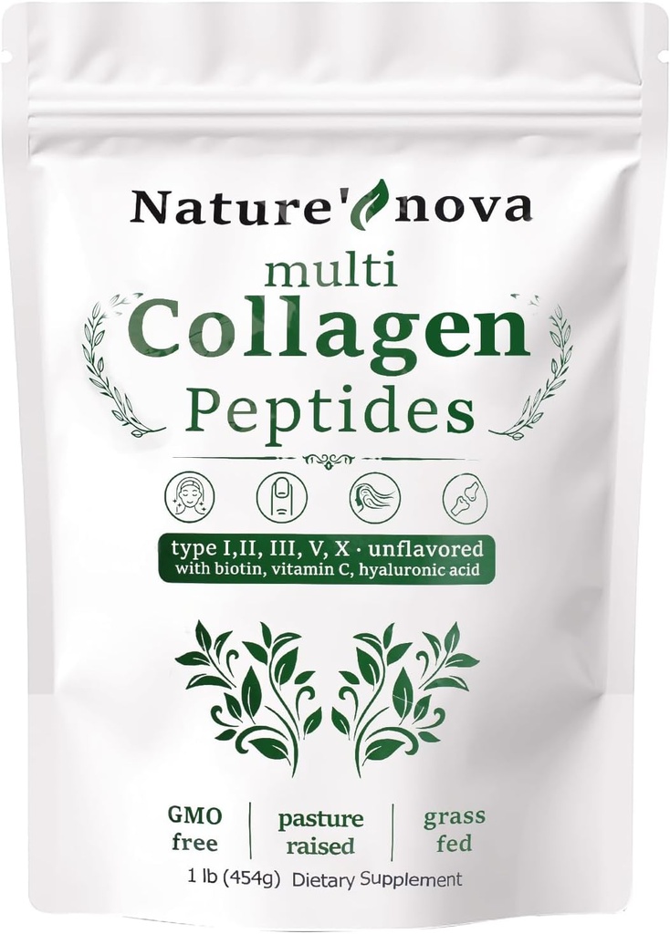 Pulbere nova multicolagen peptide - tipul I,II,III,V,X cu biotină, acid hialuronic, vitamina C - nearomată, ușor dizolvată, neGMO