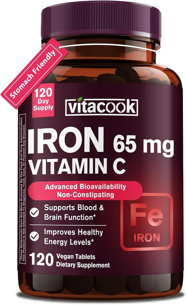 Supliment de fier pentru femei Barbati, mare potenta de fier 65mg cu vitamina C 250mg, Stomac pastile de fier prietenos pentru celule rosii si suport imunitar, non-GMO & Gluten gratuit,120 comprimate Vegan