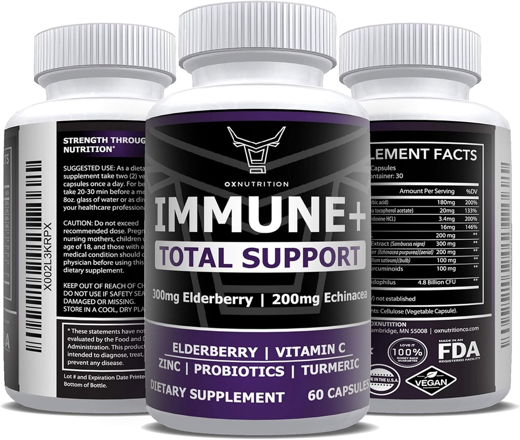 OX Nutrition 10 in 1 Elderberry, Vitamina C, Zinc, Vitamina E, Vitamina B6, Echinacea, Usturoi, Turmeric, L-glutamină HCL & Lactobacillus Probiotics & Antioxidanti pentru Apărare Imunală 1 lună de aprovizionare