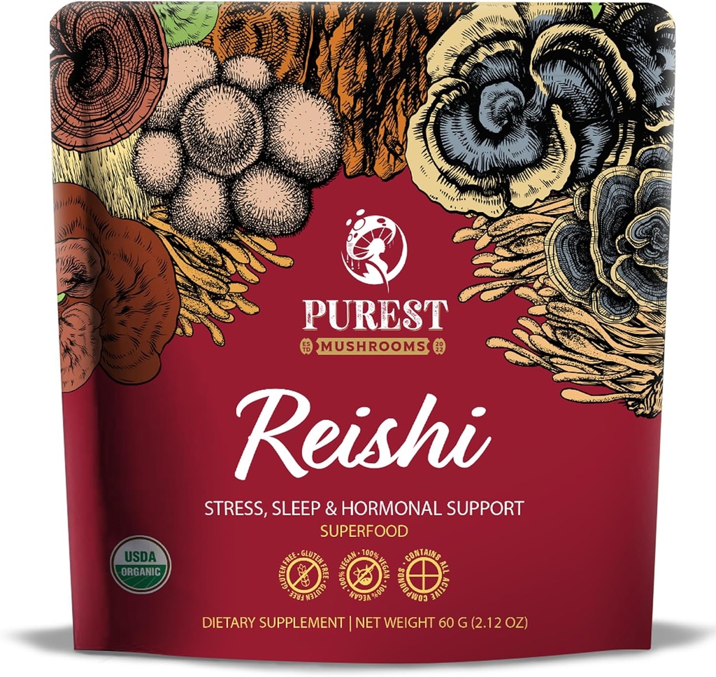 Pulbere Reishi - praf de extract de ciuperci organice - Suplimente de ciuperci pentru suport imunitar, relief de stres, somn mai bun 60g