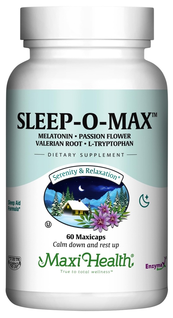 Maxi Health Adulţi Herbal Sleep-O-Max cu rădăcină valeriană, melatonină, triptofan, floare pasiune - Supliment de somn natural - Formula de suport pentru somn calm