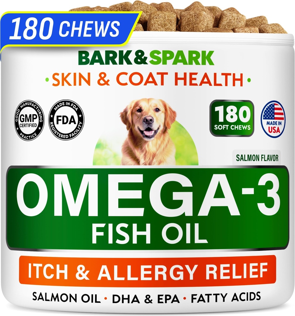 BARK&SPARK Omega 3 pentru câini - 180 de preparate de ulei de pește pentru vărsarea câinilor, alergia pielii, relieful mâncărimii, tratamentul petelor fierbinți - sănătate comună - Supliment de piele și haină - EPA & DHA acizi grași - ulei de somon