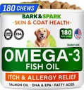 BARK&SPARK Omega 3 pentru câini - 180 de preparate de ulei de pește pentru vărsarea câinilor, alergia pielii, relieful mâncărimii, tratamentul petelor fierbinți - sănătate comună - Supliment de piele și haină - EPA & DHA acizi grași - ulei de somon