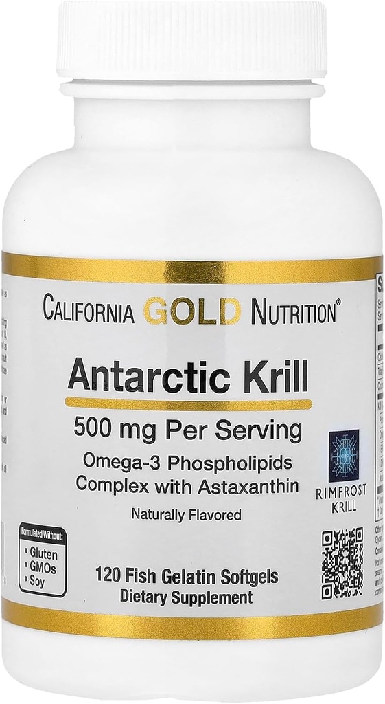 California Gold Nutrition Antarctic Krill Oil, Ultra-High Omega-3 cu Astexanthin, Natural Strawberry & Lemon Flavor, Non OMG, Gluten Free, 500 mg, 120 Fish Gelatina Softgels, 2 Pack