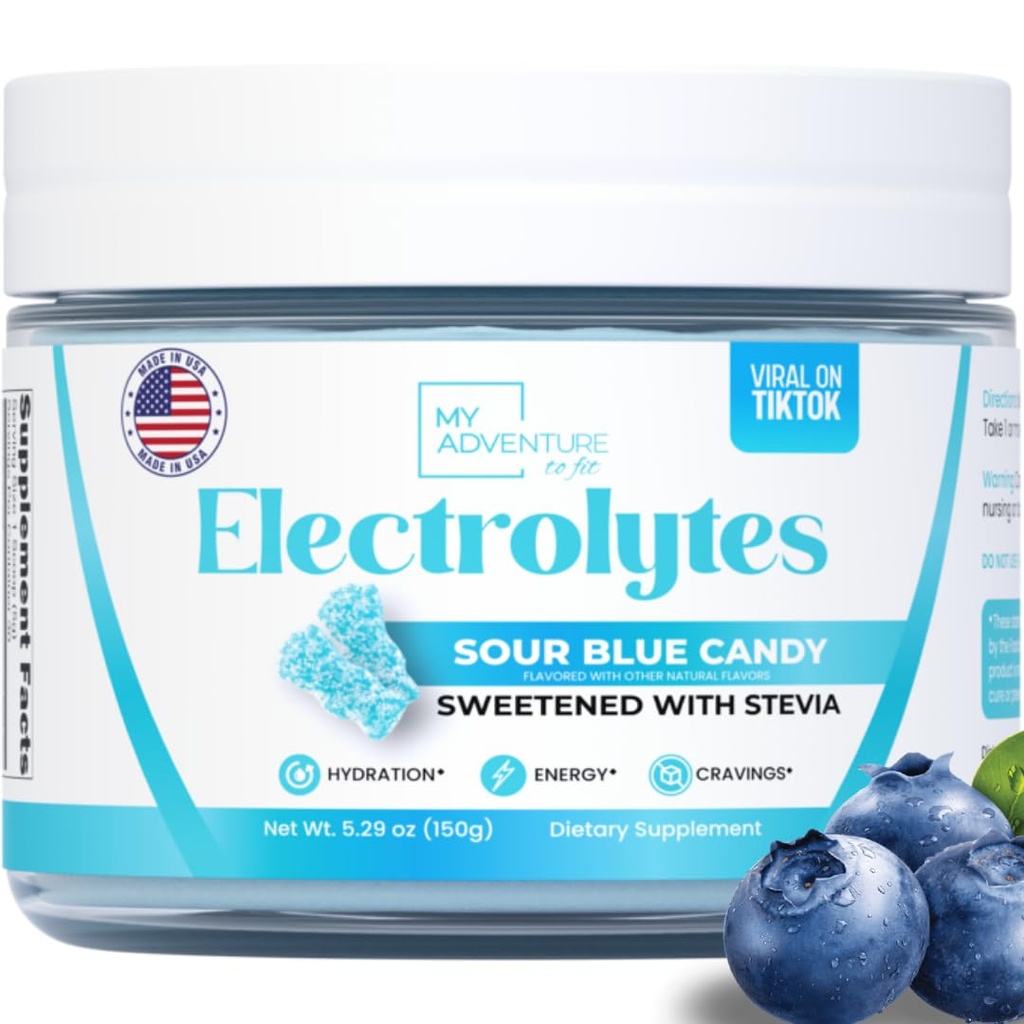 Zero zahăr - albastru Sour bomboane Electroliti pulbere - reîmprospătare Hidratare - Cafeina Energie Liberă - Toate ingrediente naturale - Vegan, Keto & Paleo - Suc gratuit Electrolit pulbere băutură Mix - 30 Serviri