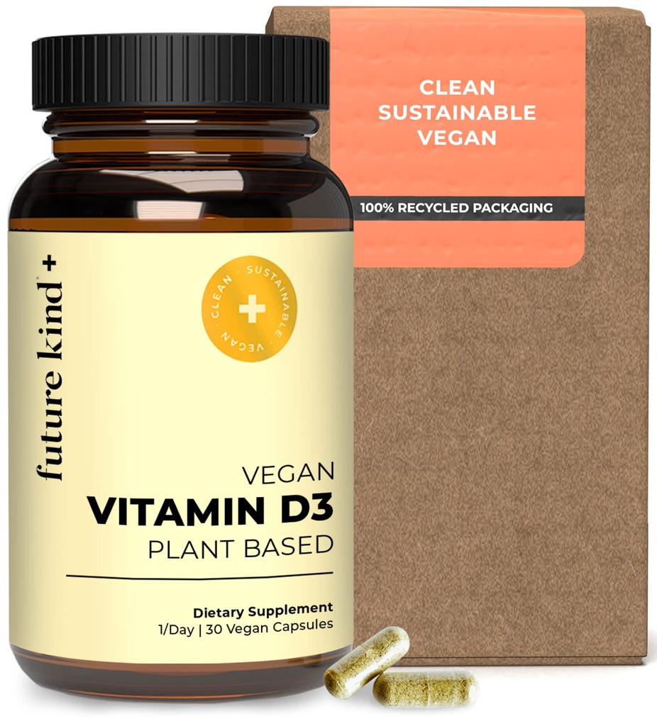 Viitor fel Vegan Vitamina D3-2500 UI Supliment pe bază de plante pentru suport celular și imun - fără zahăr, vitamina Lichen-Based D (30 Softgels în sticlă)