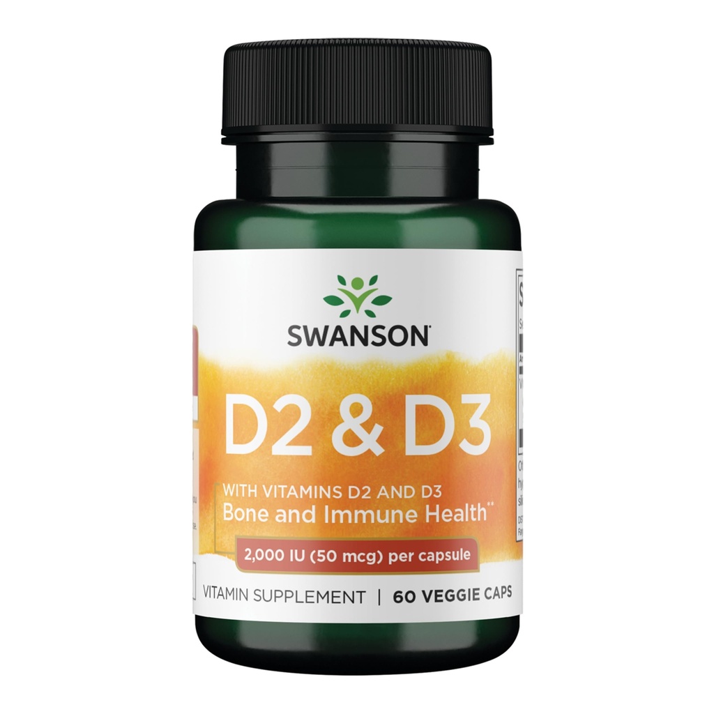 Swanson Vitamina D Complex cu vitamine D2 & D3 - Complex complet de vitamine Sunshine pentru Bone, Dental & Immune Health - Supliment de vitamine (50 mcg, 60 Capsule Veggie)