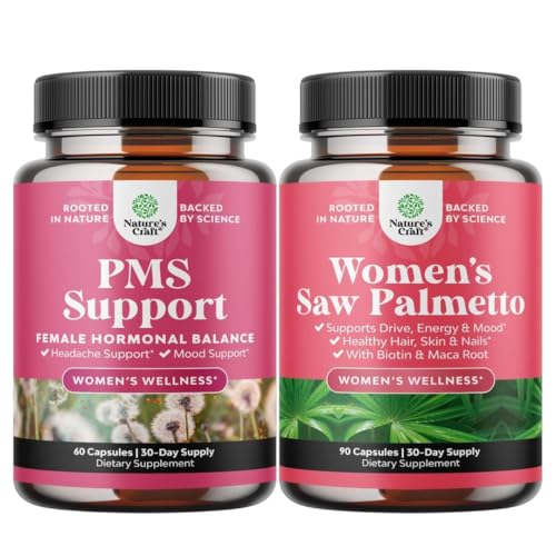 Bundle de suport PMS și Saw Palmetto pentru femei - Echilibrul hormonal cu DIM, Chasteberry, Black Cohosh & Ashwagandha pentru perioada Cramps și Saw Palmetto extract cu Maca Root & Biotina pentru pierderea parului