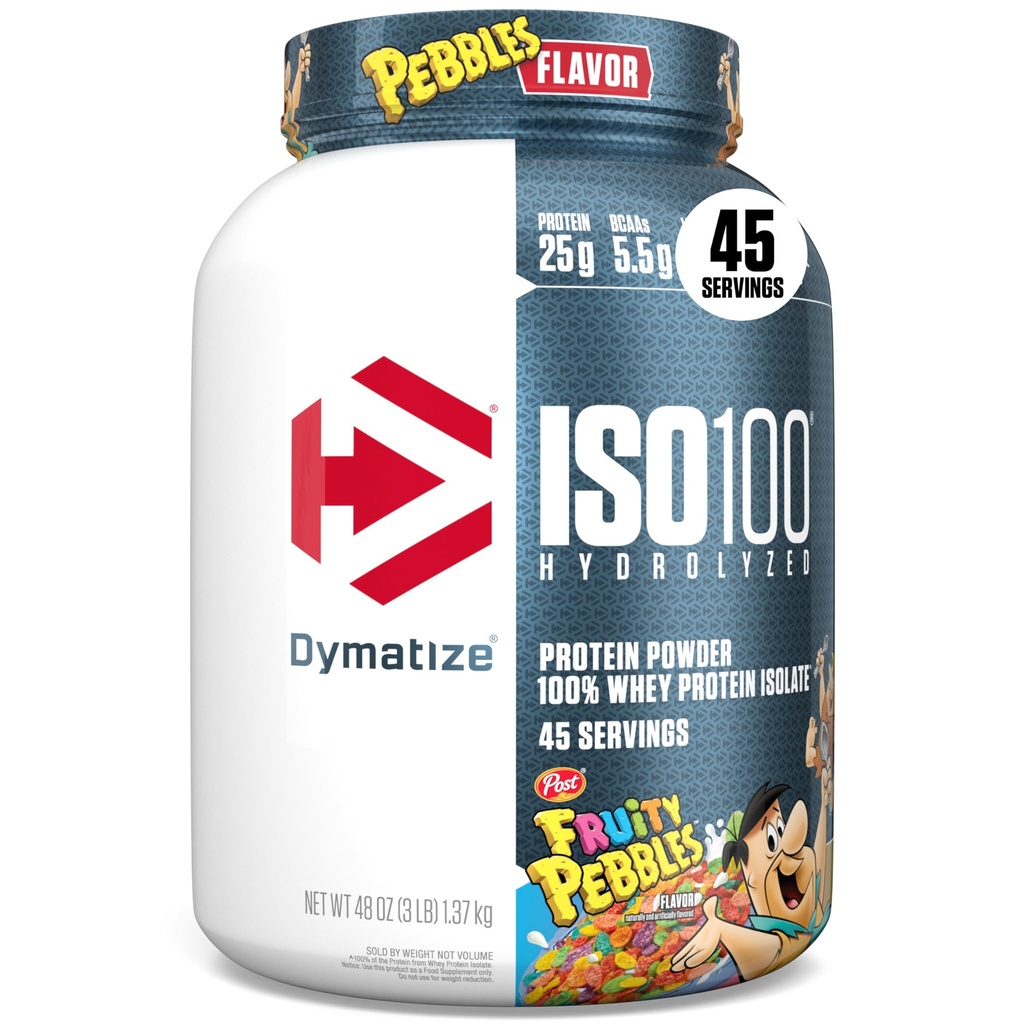 Dymatize x Pebbles Fruity ISO100 Whey Pulbere de proteine Izolat, 25g de proteine, 5,5g BCAAs, 120 Cal., Gluten Free, 1g Fat, 1g Zahăr, 2g Carb (45 Servings)