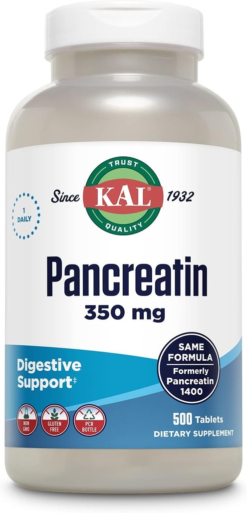 KAL Pancreatin 350mg, Enzime digestive pentru femei și bărbați, Enzime pancreatice pentru suport digestiv de sănătate, Gluten gratuit, non-GMO, Dezintegrare rapidă, 60-Day Guarantee, 500 Serviri, 500 comprimate