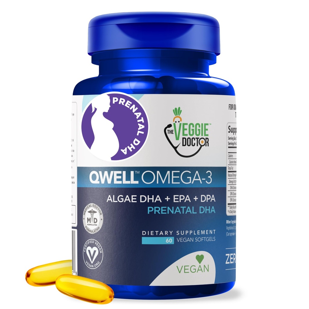 Vitamine prenatale Vegane cu DHA (60 Count) Omega-3 - Qwell mai bine decât ulei de pește, funcția creierului - 820 Mg Algae DHA & EPA, vitamine prenatale Vegane cu vitamina E, Caragenan-Free
