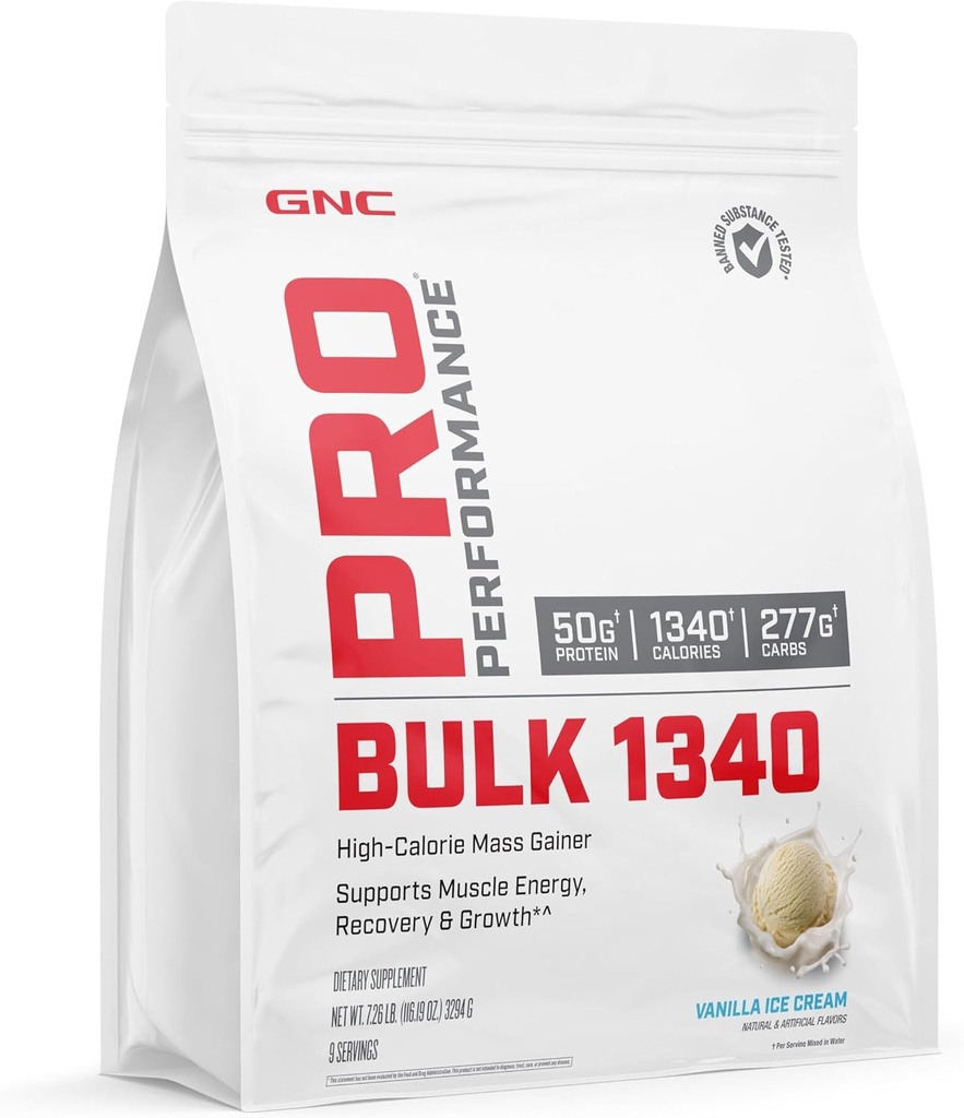 GNC Pro Performance Bulk 1340 Mass Gainer Proteine pulbere, 50g, Gluten Free, Whey, Creatina, BCAA, 3rd Party testat, Recuperare si crestere musculara, Micronutrients, Vanilla Ice Cream, 9 Servings
