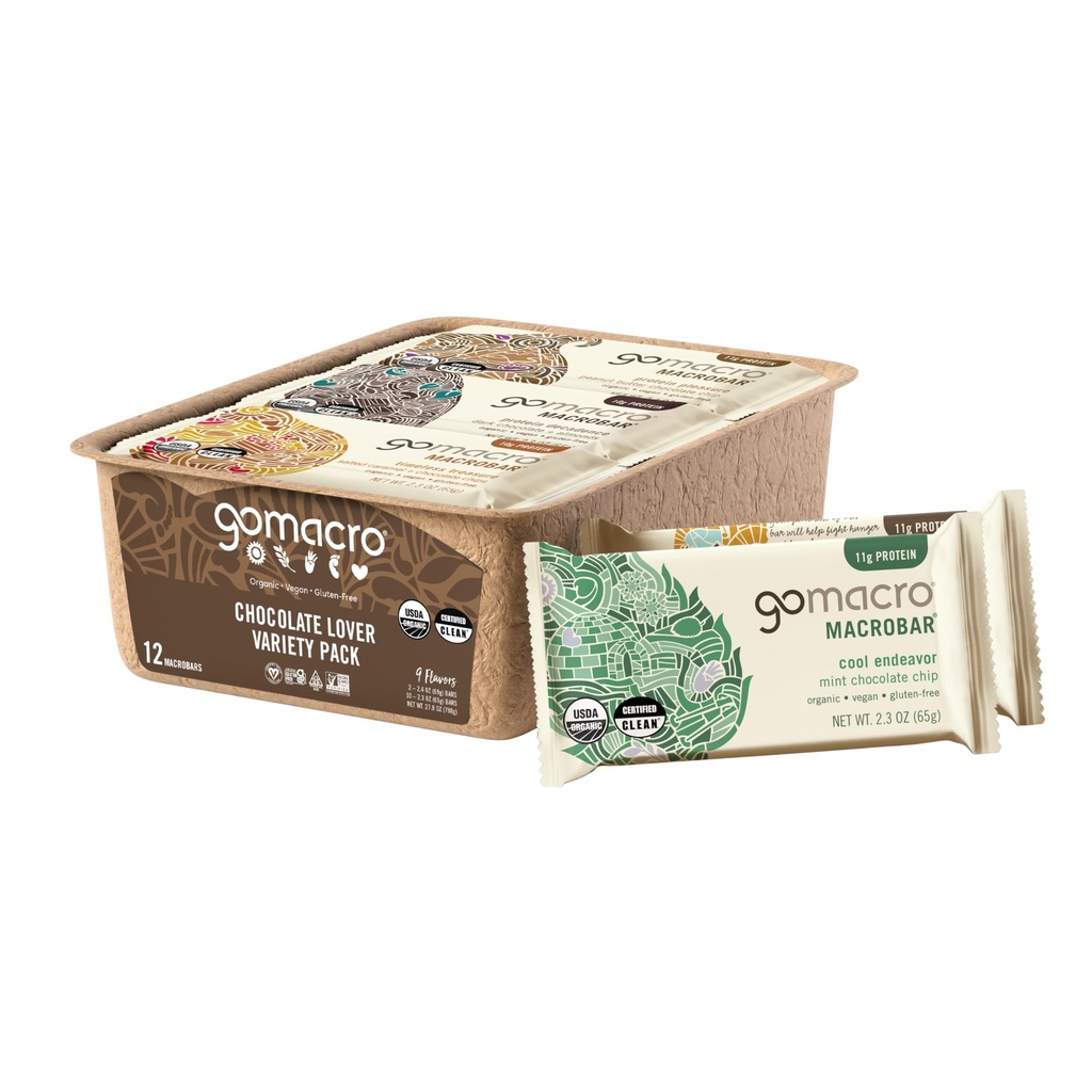 GoMacro MacroBar Organic Baruri de proteine Vegan - Chocolate Lover Variety Pack (2,3 Ounce Bars, 12 Conte)