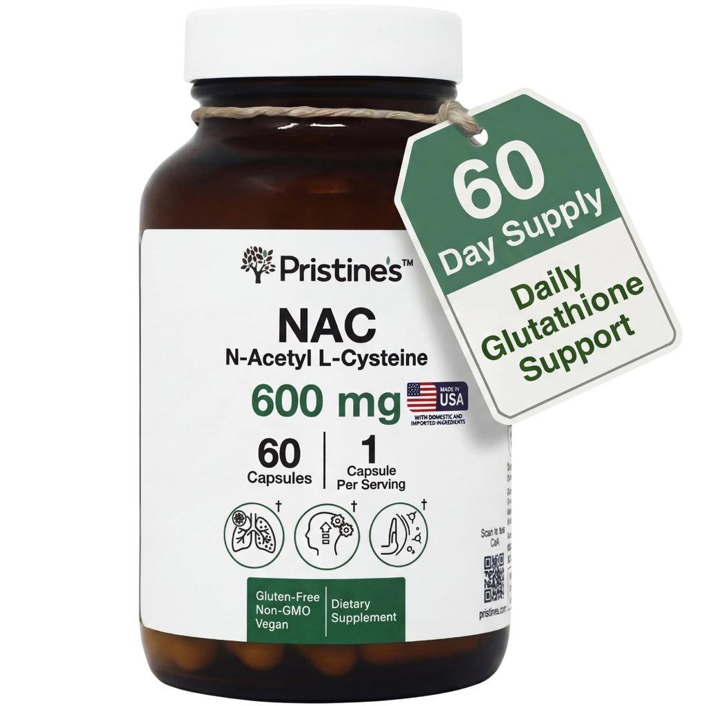 PRISTINE N-Acetyl L-Cysteine (NAC) 600MG 60 zile Supliment capsule de alimentare - Glutatione & dezintoxicare hepatică - Antioxidant potent - Vegan, gluten gratuit, sticlă de sticlă fără OMG