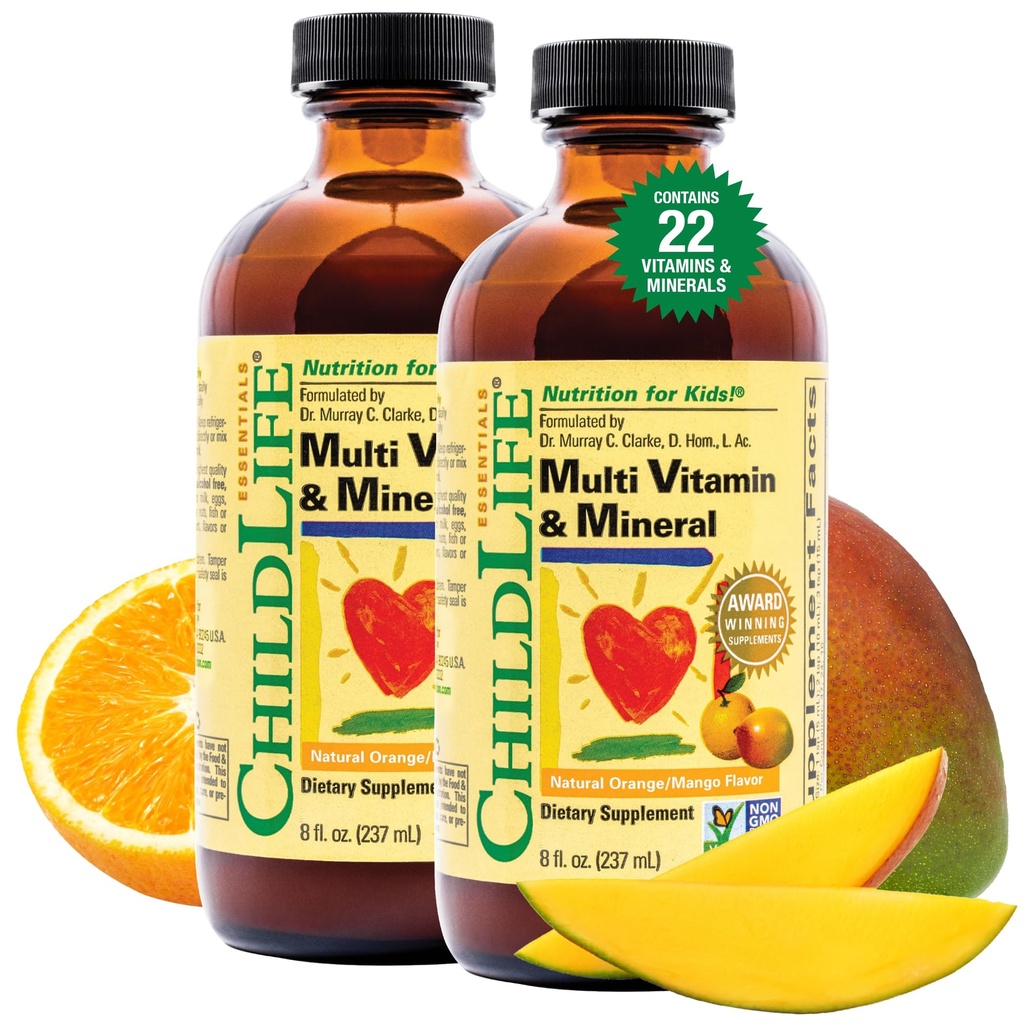 COPILDIFE ESENȚIALE Copii Multivitamine & Minerale - Vitamine pentru copii, Multivitamine lichide pentru copii, Multivitamine pentru copii, Vitamine lichide, Multivitamine pentru copii - Portocaliu natural & Mango, 8 Fl Oz (Pachet de 2)