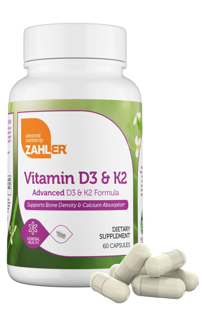 Zahler Vitamina D3 5000 UI K2 - Vitamina avansată D3 K2 Formula - Densitatea osoasă și absorbția calciului - Kosher Vegetarian MK7 Vitamina K2 D3 Suplimentul de vitamine - VIT D3 K2, Vitamina D K2 (60 capsule)