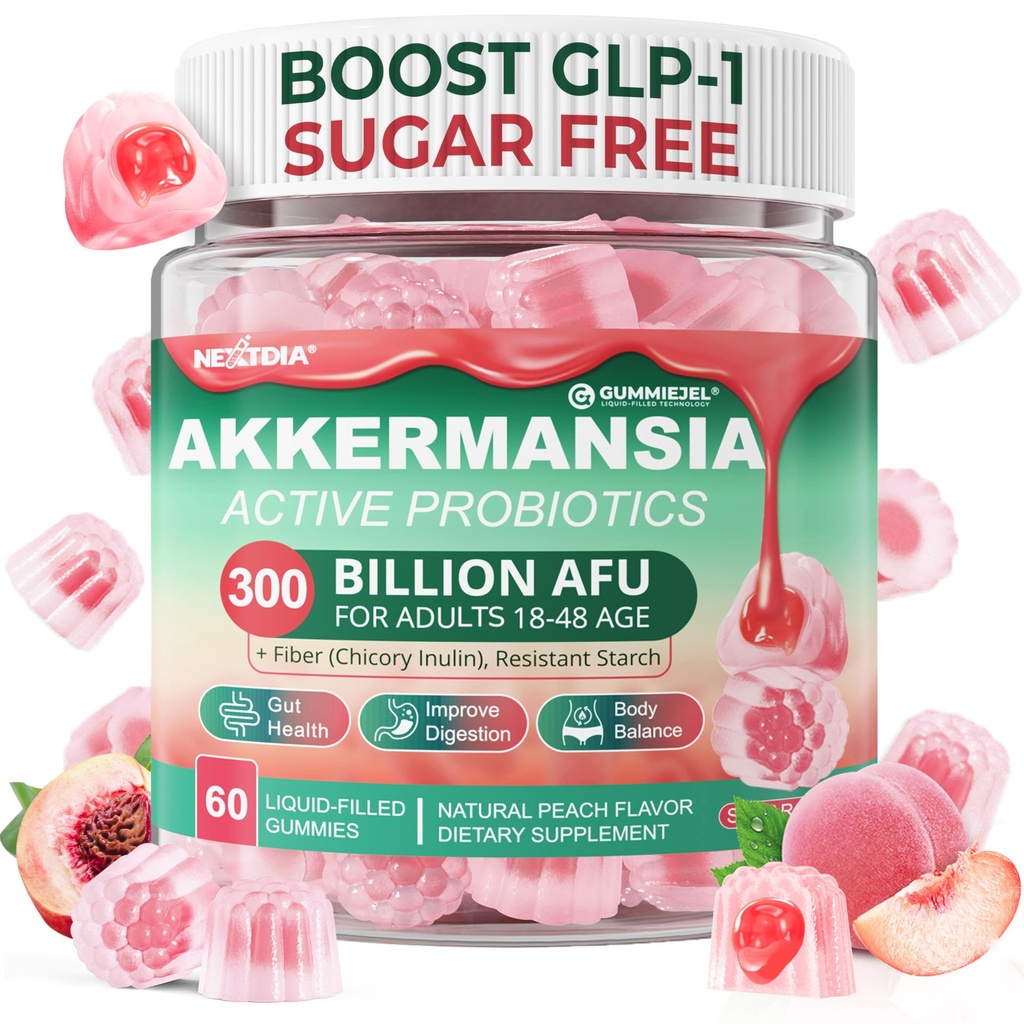 Akkermansia Probiotice Gumiile cu Prebiotice Fibră, 300 Miliarde AVU Akkermansia Muciniphila, cu fructe polifenol, amidon rezistent, vitamina D3 B2 pentru metabolism, Digestive & Gut Health, 1Pack