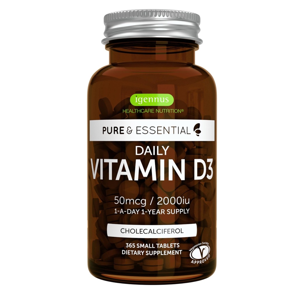 Igennus Daily Vitamina D3 2000iu, 50 mcg, Eticheta curata, 365 comprimate mici, 1 an de aprovizionare, Colecalciferol vegetarian Vitamina D Supliment