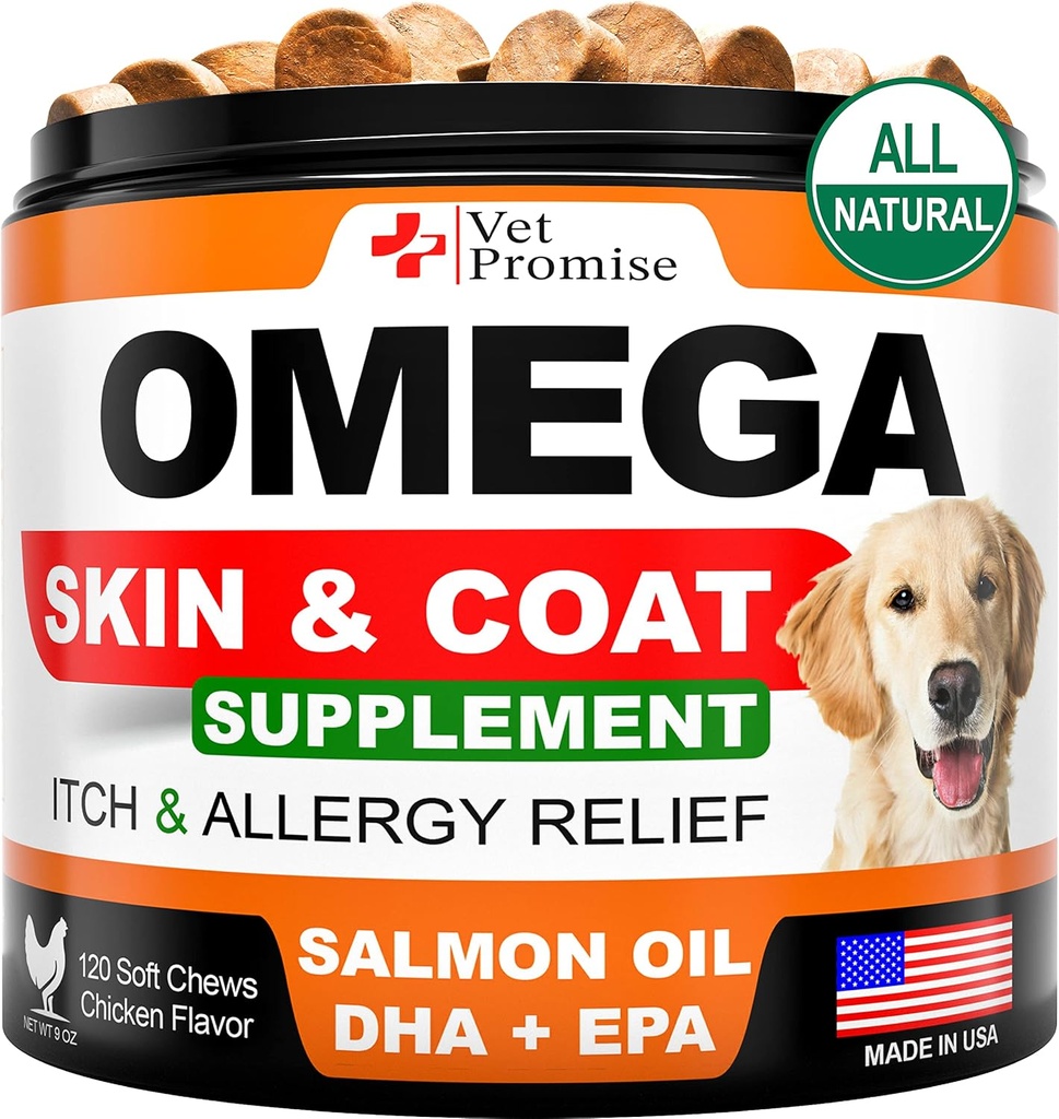Omega 3 pentru câini - Skin and Coat Supplement - Ulei de peşte pentru câini Chews - Alergie şi mâncărime Relief - Anti Shedding Supliment - Tratamentul pielii uscate - Ulei de somon - Made in USA - 120 Soft Treats