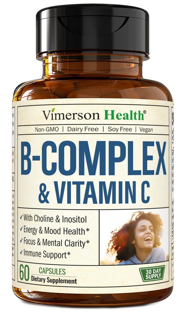 Complex de vitamine B cu VIT C & Acid folic (Folat) - 8 vitamine B de mare potenţă: B1, B2, B3, B5, B6, B7, Vitamina B12 + Biotin, Choline & Inositol. Ajută starea de spirit, energia, sistemul nervos și sprijinul imunitar