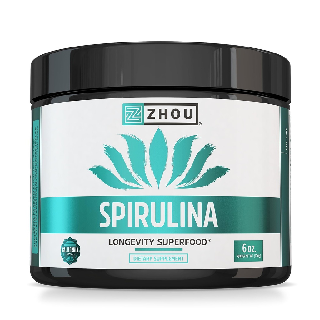 Zhou Spirulina Powder - Blue Green Spirulina Superfood pentru femei si barbati cu proteine Vegane, Clorofila si Ficocianina pentru energie buna si longevitate, Mix de bautura pentru piureuri - 6 oz Jar (48 Servings)