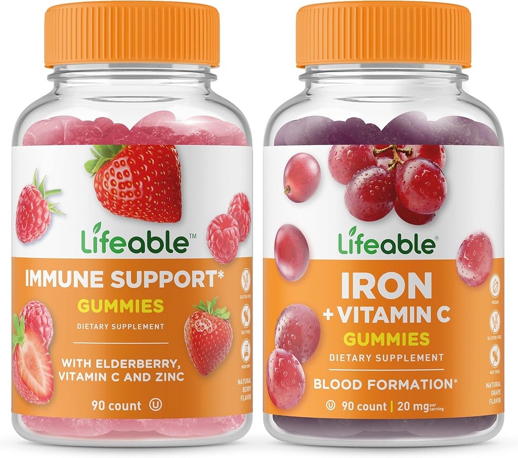 Suport imun de viață + Fier cu vitamina C, Gume Bundle - mare Tasting, Supliment de vitamine, gluten gratuit, OMG-uri gratuit, Chectabil
