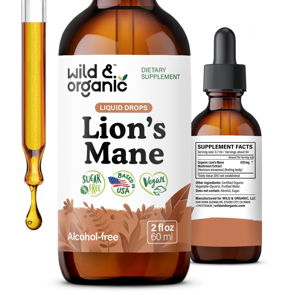 Lions Wild & Organic Lions Picături lichide - Focus & Brain Supplement - Lions Mane - Hericiu Erinaceus Mushroom Extract Tincture - Vegan, Alcool & Sugar-Free - 2 fl oz