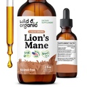 Lions Wild & Organic Lions Picături lichide - Focus & Brain Supplement - Lions Mane - Hericiu Erinaceus Mushroom Extract Tincture - Vegan, Alcool & Sugar-Free - 2 fl oz