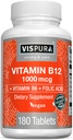 VISPURA Vitamina B12 1000 mcg Metilcobalamină + acid B6/Folic, 180 comprimate Vegan, Cel mai bun supliment la creșterea energiei, Îmbunătățiți starea de spirit, Sharpen Focus*, Supliment organic