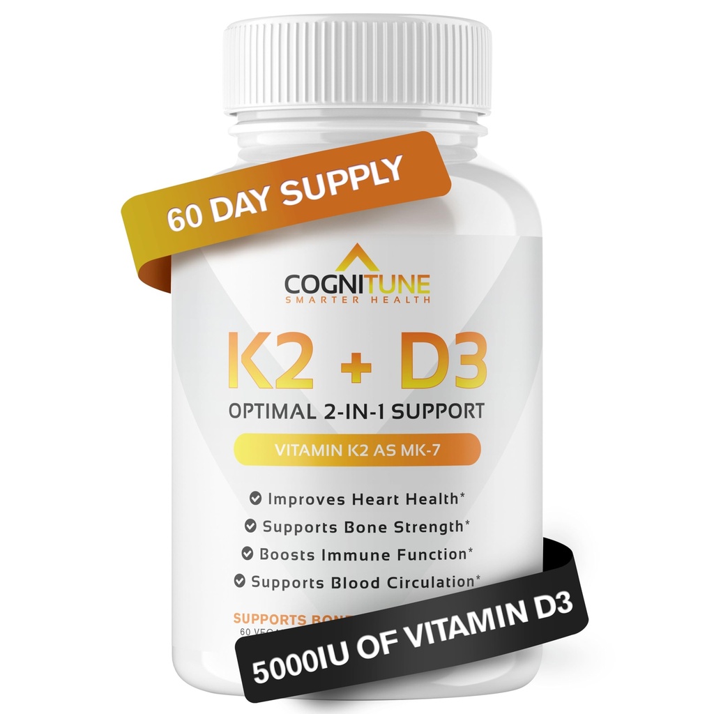 Vitamina D3 5000 UI cu vitamina K2 (MK7) Supliment - Capsule imune Premium, Heart & Bone Health - Complex de vitamina K2 D3 cu 5000 UI de vitamina D3 & 90 mcg de vitamina K2 mk7-60