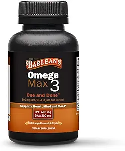 Barlean Ideal Omega Max 3 Suplimente ulei de pește, 1000 mg Softgels, EPA și DHA pastile acid gras pentru bărbați și femei, Orange Flavor, 60 Conte