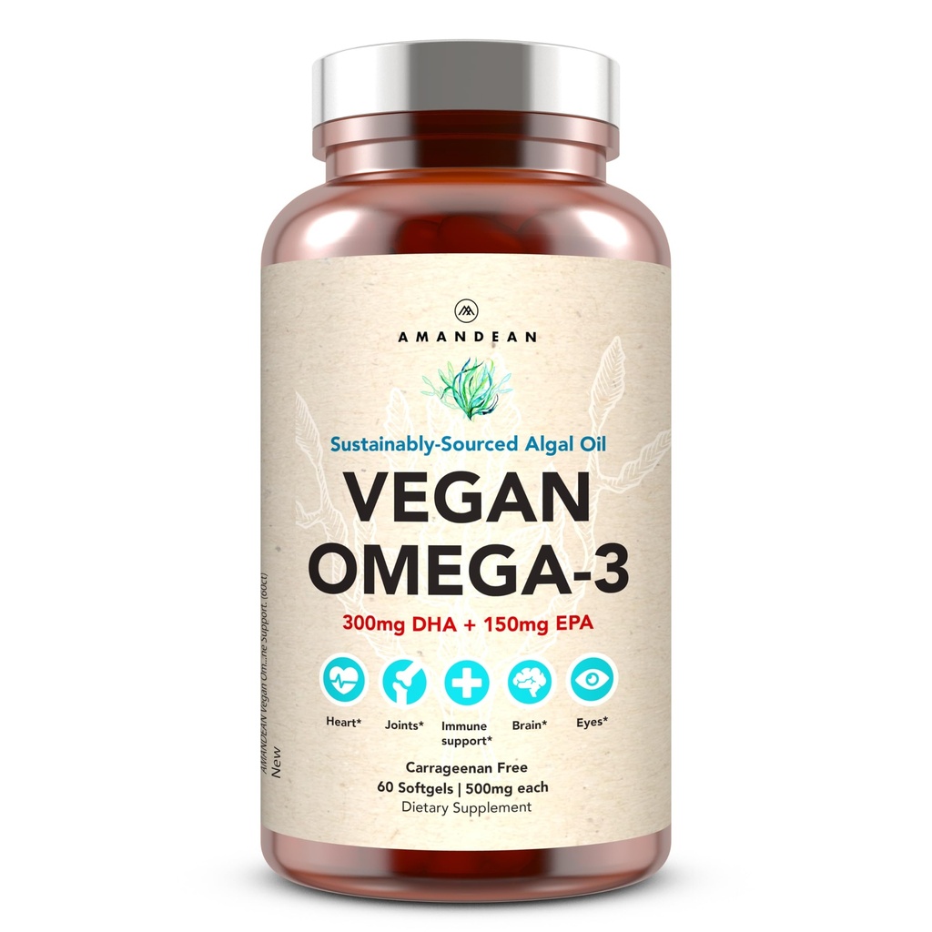 AMANDEAN Vegan Omega 3 Supliment. Premium Fish Oil Alternative. Algae DHA & EPA. Caragenan Free Softgels. Algal Essential Fatty Acids. Inimă cu bază de plante, creier, ochi, piele, suport imunitar. (60ct)