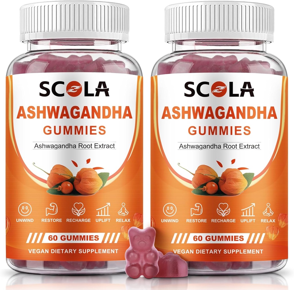 Gumiile Ashwagandha, Gumiile calme cu extract de rădăcini Ashwagandha Vitamina D Zinc, Suplimentul Ashwagandha pentru echilibrul de stres în somn, Vegan, Non-GMO, Gluten-Free, 120 Conte