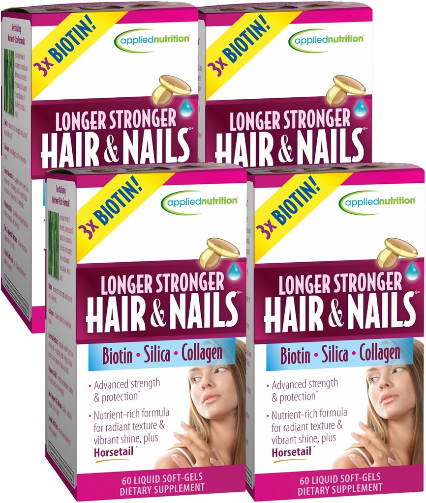 Nutritie aplicata mai lunga parul si unghiile mai puternice - 60 lichid moale-Gels, pachet de 4 - Biotina, Siliciu si Colagen - 120 serviri