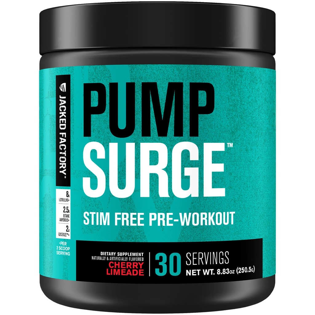 Fabrica Jacked Pompsurge Caffeine Pre Workout gratuit pentru bărbați și femei - Nootropic Booster & Stim Free Pre Workout - Pompe intense, focus îmbunătățit - 30 Serviri, Cherry Limeade