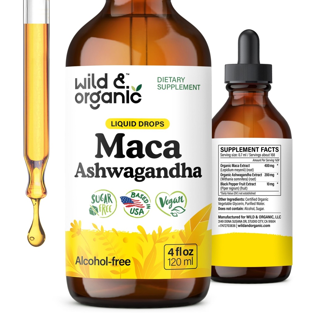 Wild & organic Maca rădăcină Ashwagandha picături pentru bărbați și femei - lichid Maca Ashwagandha supliment pentru suport global - extract peruvian Tinctură - Vegan, zahăr și alcool-free - 4 fl oz