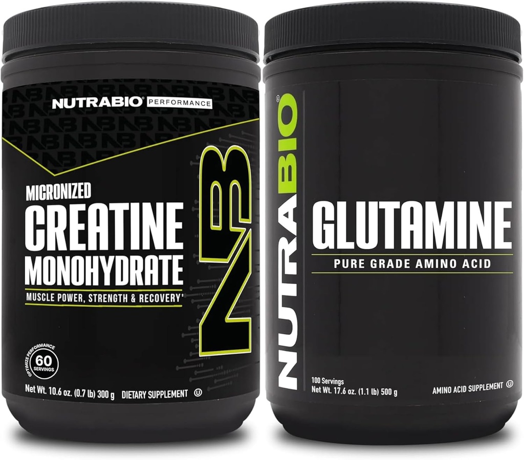 NutraBio Creatina Monohidrat Supliment, nearomatizate, (300g) și L-Glutamine pulbere, (500g) 
