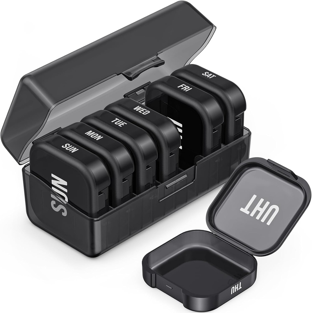 PULIV Daily Pill Organizator cu 7 Compartimente mari separate, cutie pilula portabil 7 zile pentru buzunar, Artrita-Friendly Organizator de medicamente cu dublă protecție pentru vitamine mari, uleiuri de pește (negru)