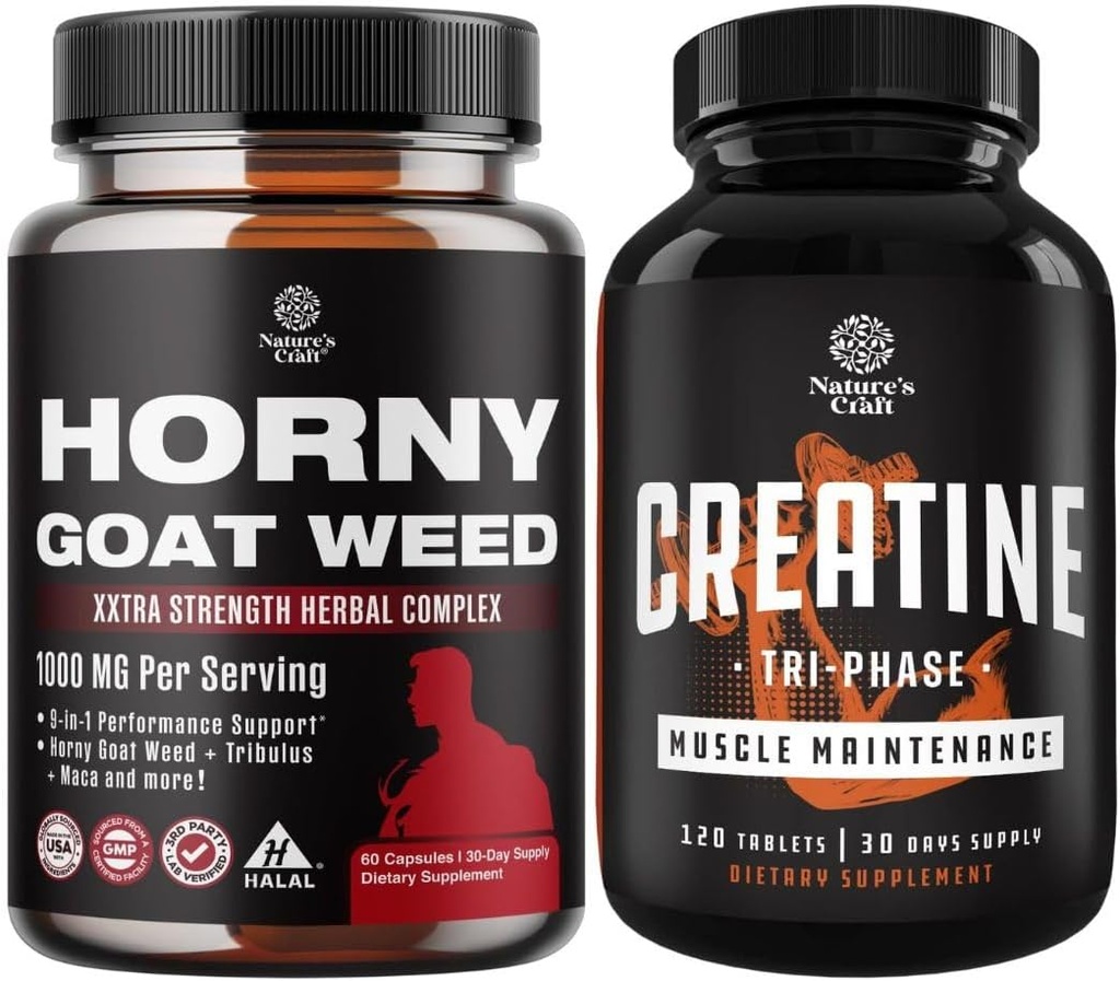 Bundle de Horny Capra Extract Complex de buruieni pentru bărbați și femei a îmbunătățit energie și rezistență și pastile de înaltă rezistență Tri fază Creatine - Optimal Muscle Builder Createre Supliment pentru bărbați și femei