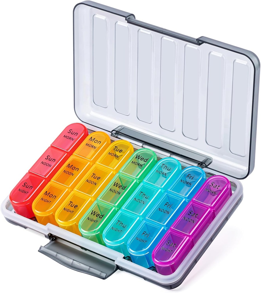 Odaro Pill Organizator de 3 ori pe zi - Portabil Săptămânal Medicină Cutie cu 7 Containere separate, Travel 7 zile Pill Box, Negru